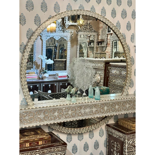Wood Vintage Mother of Pearl Inlaid Wall Console With Round Mirror For Sale - Image 7 of 7