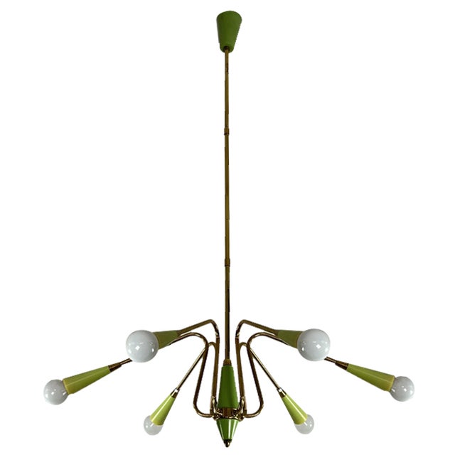 Mid-Century 6-Light Brass Chandelier in the style of Oscar Torlasco, 1950s For Sale
