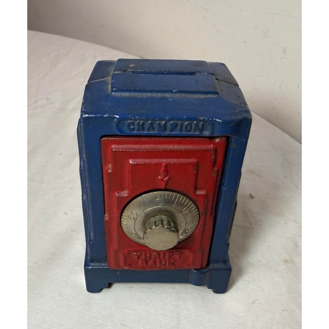 Antique Cast Iron Champion Safe Red Blue Art Deco Thrift Still Bank Geneva Ohio For Sale - Image 4 of 12