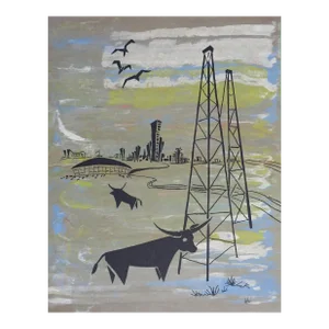 Vintage Mid Century Gray Blue Longhorns & Oil Wells Serigraph