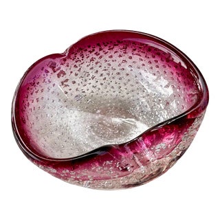 Vintage Mid Century Italian Murano Cranberry Silver Fleck Bullicante Bowl Ashtray For Sale