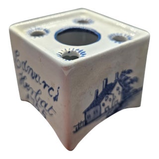 Vintage Delft Oud Footed Blue Ceramic Flower Frog/Inkwell Edward Herbat 1755 Holland For Sale