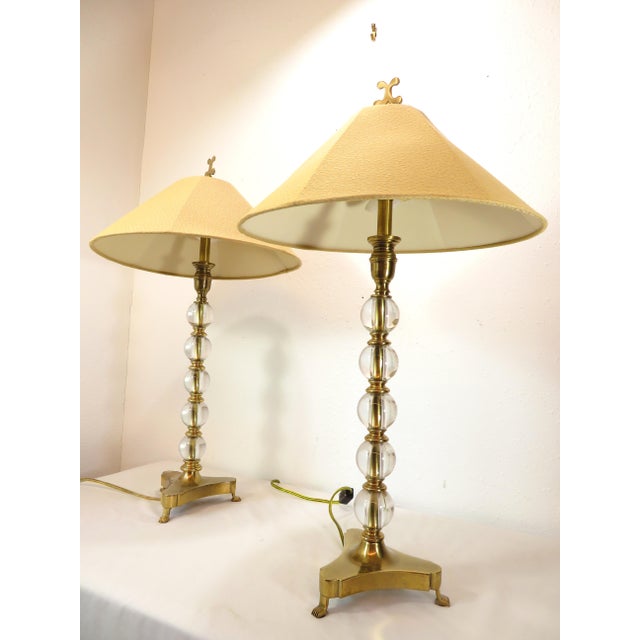 Vintage Frederick Cooper Stacked Lucite Ball Brass Hollywood Regency Glam Table Lamps With