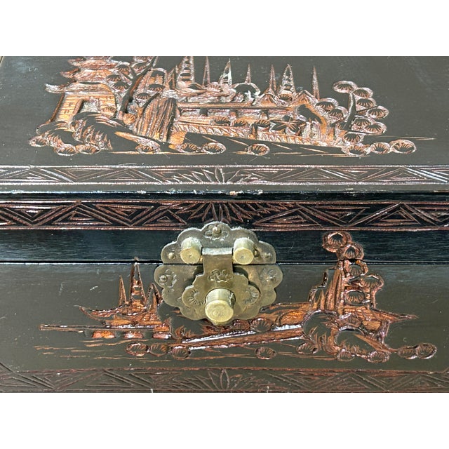 Vintage Asian Black Copper Color Scenery Motif Storage Accent Box For Sale - Image 9 of 12