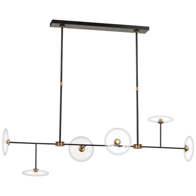 Ian K. Fowler for Visual Comfort Signature Calvino Large Linear Chandelier in Aged Iron & Hand-Rubbed Antique Brass with Clear Glass For Sale