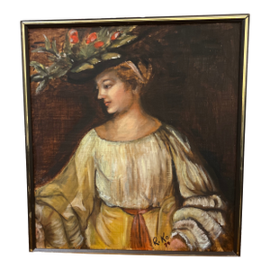 20 Th Century European French School Oil on Board Signed Framed Portrait of Lady in Flowered Hat