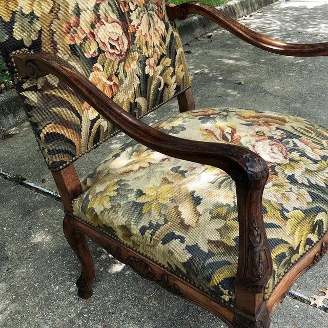 19th Century French Louis XV Fruitwood Fauteuil ~ Armchair With Floral Needlepoint For Sale - Image 14 of 15