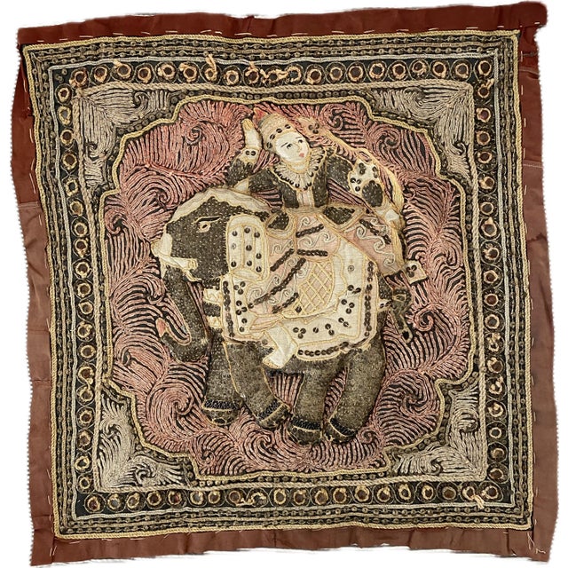 Beautiful matched pair of vintage Indian zardozi embroidered panels, each showing a richly dressed noble figure—one on...