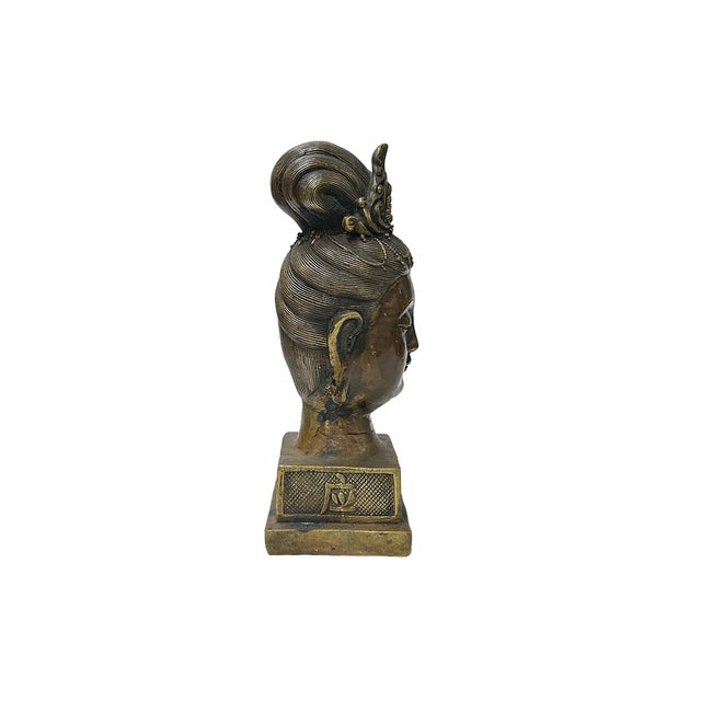 1980s Vintage Bronze Patinated Bodhisattva Bust Buddha Metal Statue For Sale - Image 5 of 6