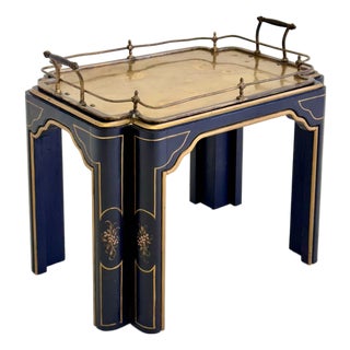 Vintage Regency Style Black Lacquer and Brass Side Table With Chinoiserie Detail For Sale