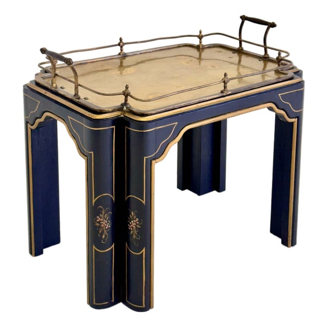 Vintage Regency Style Black Lacquer and Brass Side Table With Chinoiserie Detail For Sale