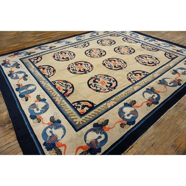 1920s 1920s Ivory and Blue Dragon Roundels Antique Chinese Baotou Room Size Rug For Sale - Image 5 of 10