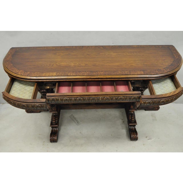 Antique Italian Renaissance Figural Carved Griffin Oak Flip Top Library Table For Sale - Image 16 of 18