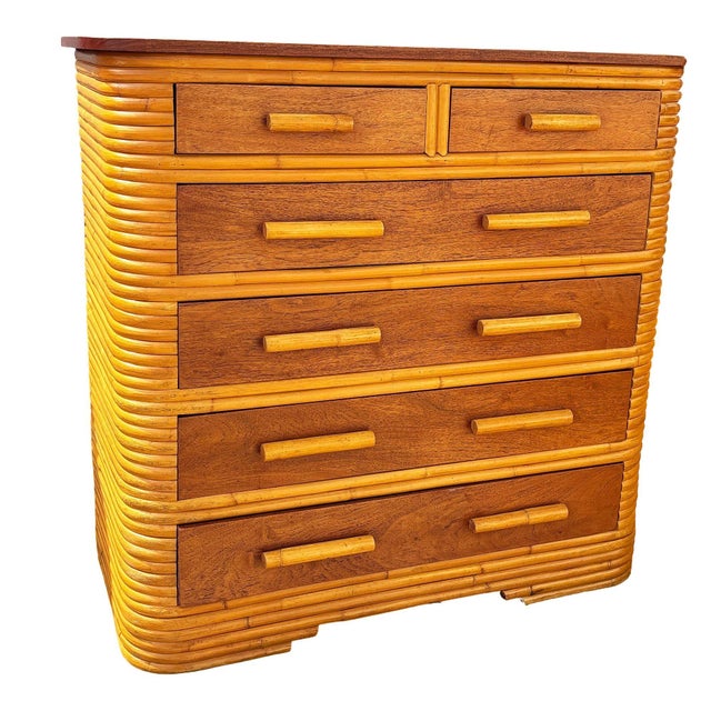 1930s Restored Art Deco 6 Drawer Stacked Rattan Highboy Dresser W/ Mahogany Top For Sale - Image 4 of 8
