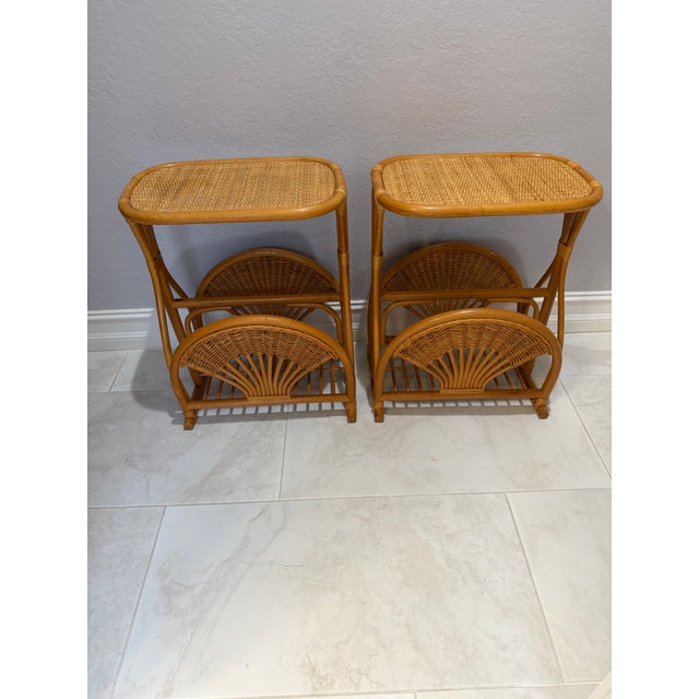Boho Chic Pair..1970s Bamboo Cane Wicker Mid-Century Modern Side Bedside End Sofa Table Magazine Stand For Sale - Image 3 of 7