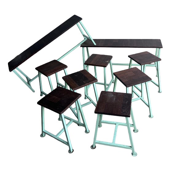 Vintage Industrial Benches and Stools, 1950s Set of 9 For Sale