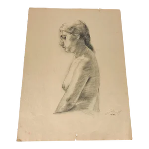 Vintage Modernist Nude Figure Portrait Study Charcoal Drawing Judy Horowitz