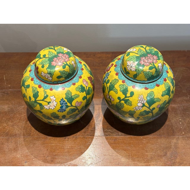 Antique Chinese Imperial Yellow Cloisonné Ginger Jars - A Pair (Republic Period) For Sale - Image 9 of 14