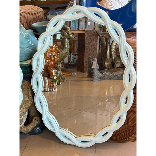 Vintage Pair Light Aqua Lacquered Palm Beach Scalloped Oval Wall Mirrors For Sale - Image 9 of 10