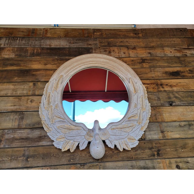 1980s Modern Carved Wood Demi Lune Console Table With Round Wall Mirror For Sale - Image 11 of 18