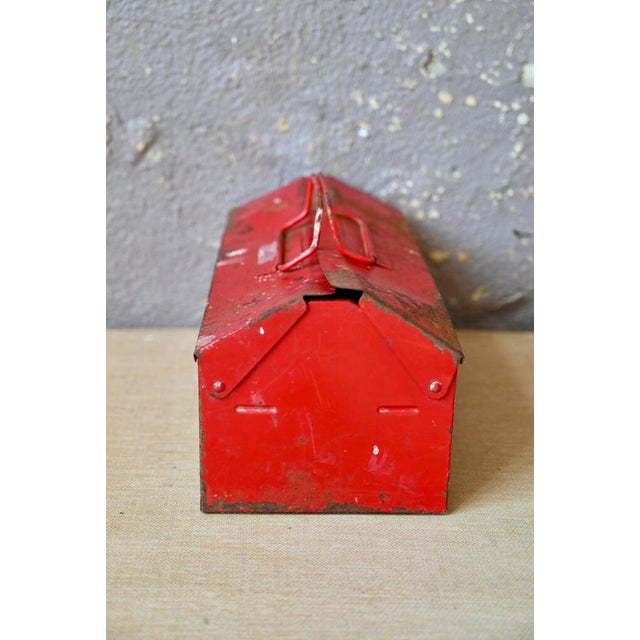 Gray Vintage Industrial Patinated Red Metal Tool Box For Sale - Image 8 of 11