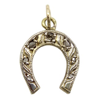 Late 19th Century Victorian 14k Gold With Silver Front Diamond Horseshoe Charm or Pendant For Sale