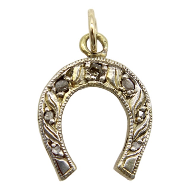 Late 19th Century Victorian 14k Gold With Silver Front Diamond Horseshoe Charm or Pendant For Sale