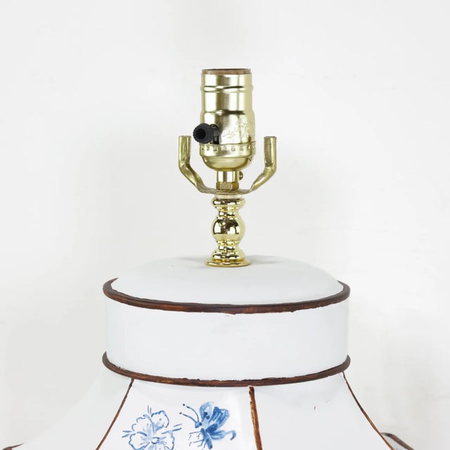 A Pair of Vintage Hand-Painted Blue and White Imitation Dutch Tile Landscape Tea Can Table Lamps For Sale - Image 4 of 14