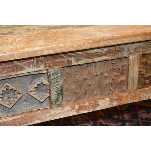 Shabby Chic 1980s Rustic Carved Panel Tan Wood Coffee Table W/ Aqua / Brown Bleached Indian For Sale - Image 3 of 16