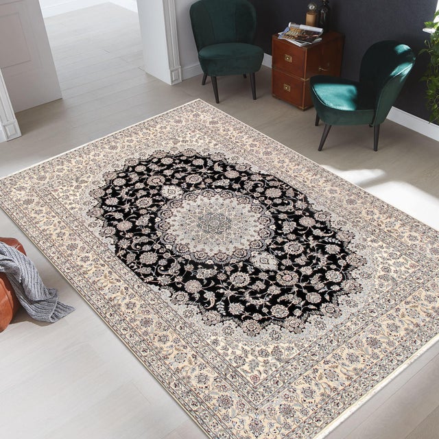Persian Nain Silk & Wool Navy Area Rug- 9'10" X 13'10" For Sale In New York - Image 6 of 6