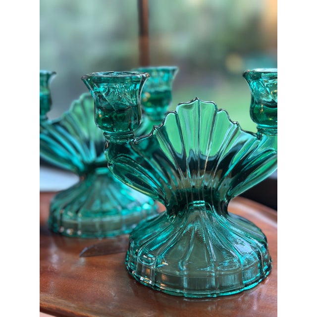 Mid-Century Modern 1930s Rare Art Deco Jeannette Glass Ultramarine Double Candlestick Holders - Pair For Sale - Image 3 of 5