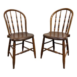 Antique Rustic Farmhouse Windsor Hoop Back Bow Back Spindle Dining Chairs - Pair For Sale