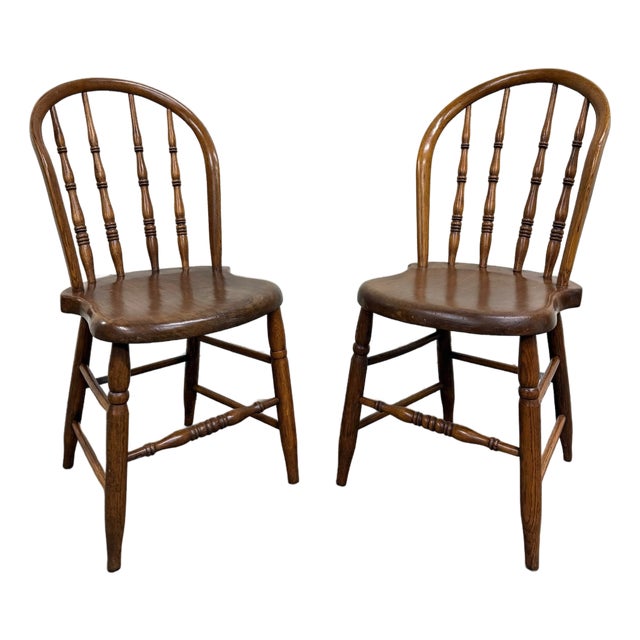 Antique Rustic Farmhouse Windsor Hoop Back Bow Back Spindle Dining Chairs - Pair For Sale