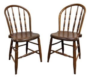 Antique Rustic Farmhouse Windsor Hoop Back Bow Back Spindle Dining Chairs - Pair