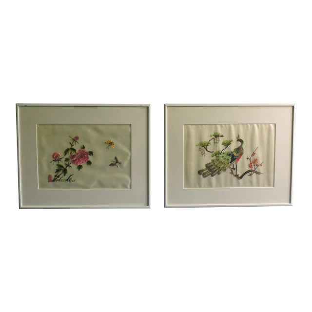 Vintage 1980's Jingdezhen Signed Chinese Hand Embroidered Silk Framed Art - Set of 2 For Sale