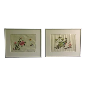 Vintage 1980's Jingdezhen Signed Chinese Hand Embroidered Silk Framed Art - Set of 2