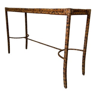 Vintage Faux Tiger Bamboo Wrapped Rattan Console Table For Sale