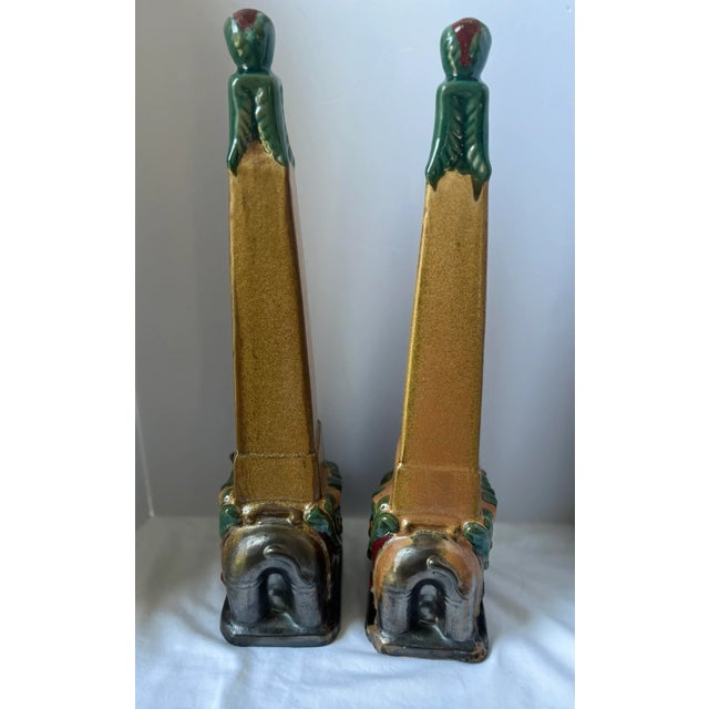 African Pair 1930s Art Deco Egyptian Revival Elephant Obelisk Sculptures / Architectural Ceramic Bookends – 20” For Sale - Image 3 of 9