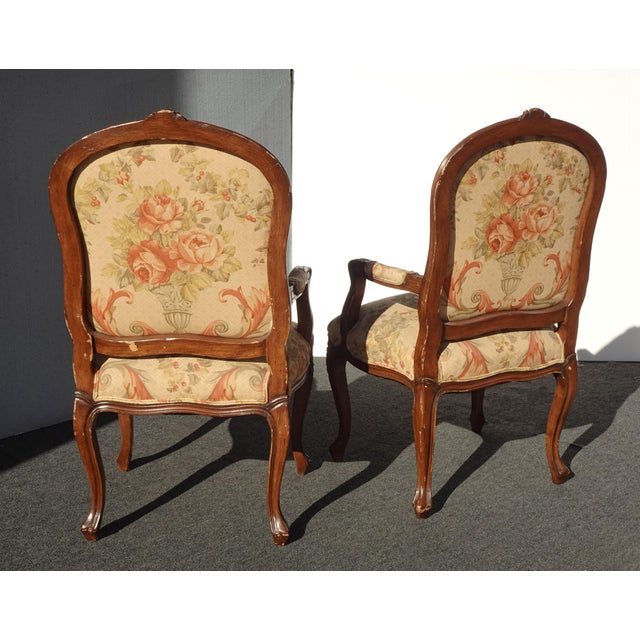 Pair Vintage French Louis XVI Style Brown Floral Side Chairs For Sale - Image 9 of 12