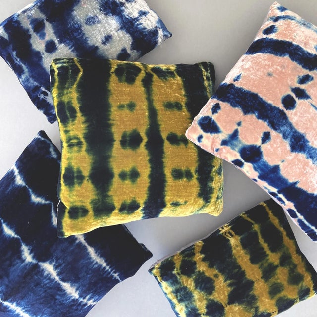 2020s Rousseau Hand Dyed Silk Velvet Pillow, Silver Gray & Indigo Blue Stripe Abstract Pattern For Sale - Image 5 of 7