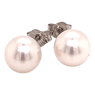 Akoya Pearl Stud Earrings 14k White Gold Certified For Sale