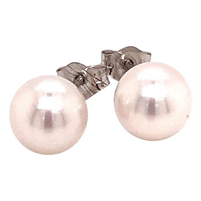 Akoya Pearl Stud Earrings 14k White Gold Certified For Sale