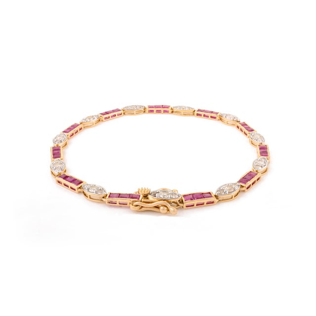 Metal 3.76 Ct Channel Set Ruby Vintage Wedding Bracelet in 14k Gold With Diamonds For Sale - Image 7 of 14