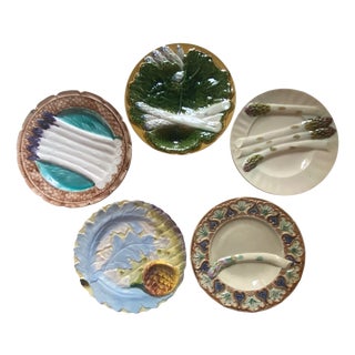 French and Belgian Barbotine Asparagus Plate Wall Plates, Set of 5 For Sale