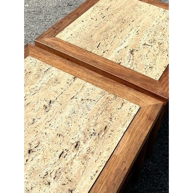 Mid 20th Century Pair of Vintage Boho Teak Side Tables With Inset Travertine For Sale - Image 5 of 9