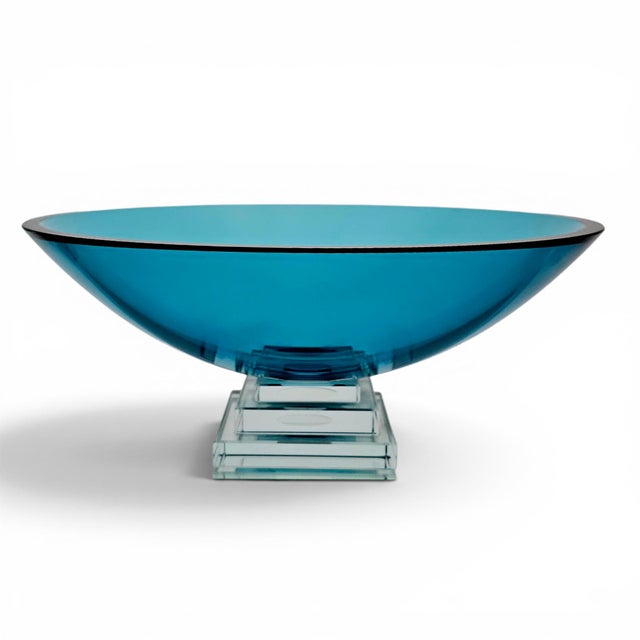 Stephen Schlanser Signed Eclipse Bowl Aqua Art Glass Centerpiece 16", 1992 For Sale - Image 9 of 15
