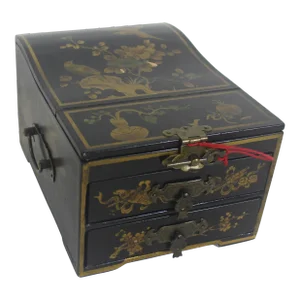 Vintage Lacquered Jewellery Box With Drawers and a Folding Mirror Black With Gold Birds and Floral Detail and Brass
