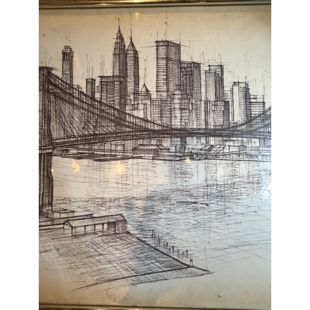 1960s Vintage 1960s Framed Original Pencil & Ink Brooklyn Bridge Cityscape Drawing, Signed For Sale - Image 5 of 10