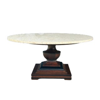 Vintage Italian Marble Pedestal Coffee Table – Mid-Century Modern Round Ivory Stone Top With Sculptural Wood Base For Sale