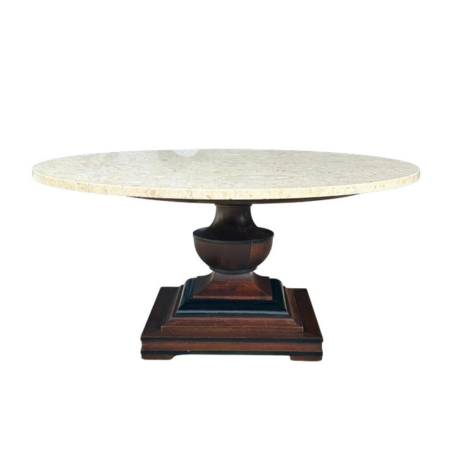 Vintage Italian Marble Pedestal Coffee Table – Mid-Century Modern Round Ivory Stone Top With Sculptural Wood Base For Sale